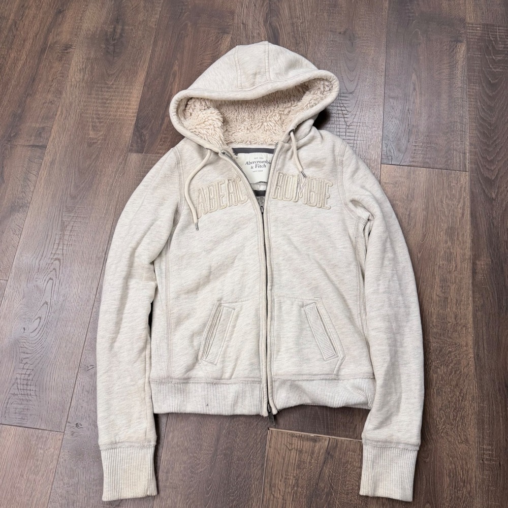 Abercrombie & Fitch Women's L Cream Sherpa Lined Full Zip Hoodie Y2K
